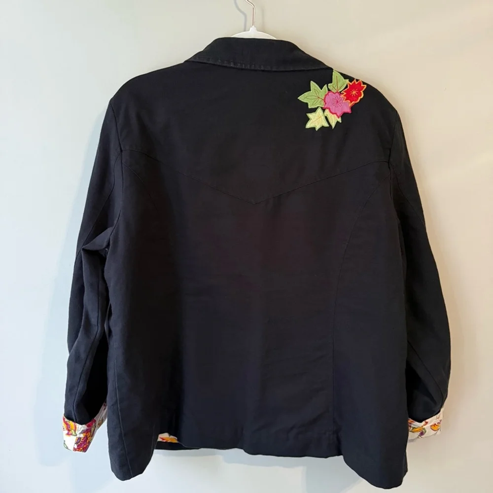 Hearts of Palm Black Tropical Floral Embroidered Cotton Blazer Women’s 16 - Picture 2 of 13